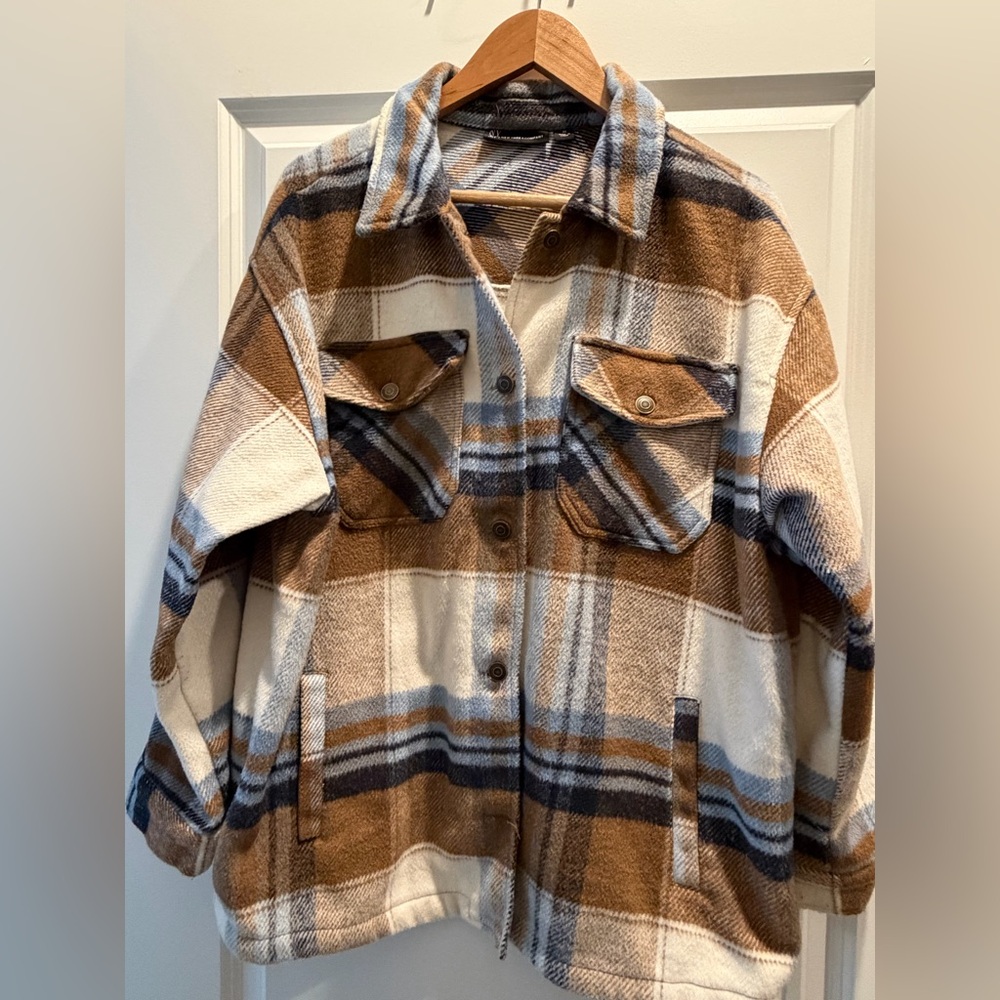 Plaid Brown, Cream and Blue Women's Shacket